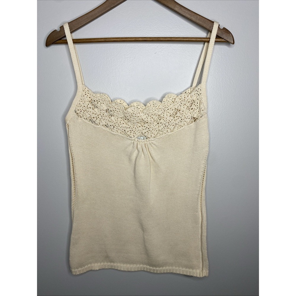 Beth Bowley Crochet Tank Camisole Size Large Knit Cotton Cream Boho Y2K Festival